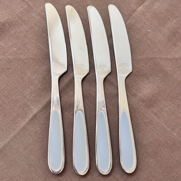 4 Dansk Dinner Knife Pearl-Gray Silicone Inlay Handle Stainless Modern Flatware - Picture 1 of 8